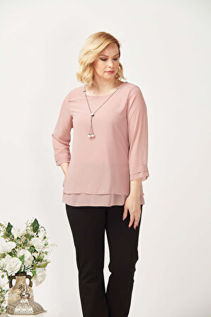 1934 Kolyeli Şifon Büyük Beden Şık Bluz Somon