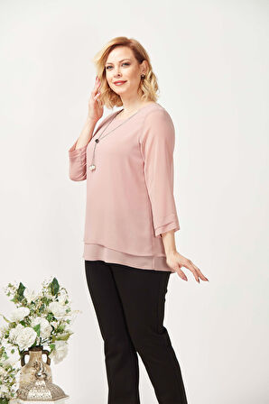 1934 Kolyeli Şifon Büyük Beden Şık Bluz Somon