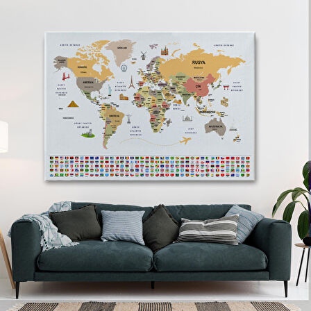 Harita Sepeti Türkçe Dünya Haritası Ülke Bayrak ve Başkentli Kanvas Tablo 1934