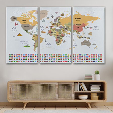 Harita Sepeti Türkçe Dünya Haritası Ülke Bayrak ve Başkentli Kanvas Tablo 1934