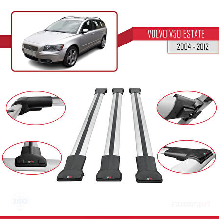 Volvo V50 2004-2012 Arası ile Uyumlu Fly Model Ara Atkı Tavan Barı Gri 3 Adet