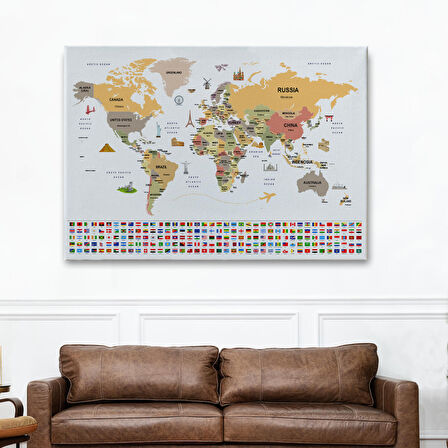 Harita Sepeti Dünya Haritası Ülke Bayraklı ve Başkentli Kanvas Tablo 1935