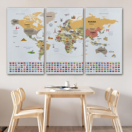 Harita Sepeti Dünya Haritası Ülke Bayraklı ve Başkentli Kanvas Tablo 1935