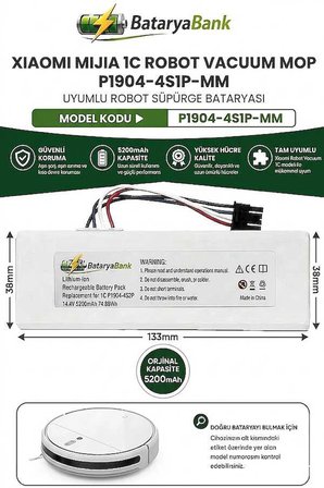 Mi Mijia 1C Robot Vacuum Mop P1904-4S1P-MM Uyumlu Batarya 14.4V 5200mAh Li-ion Yüksek Kapasiteli Pil