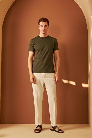 Erkek Bisiklet Yaka Slim Fit Basic Tişört Haki
