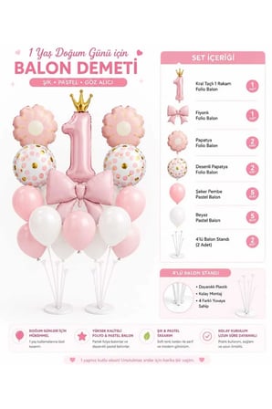 Dehaparty 1 Yaş Doğum Günü Balon Seti Pembe ve Beyaz Folyo ve Pastel Balonlar Parti Süsleme