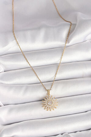316L Çelik Gold Renk Zincir Zirkon Taşlı Güneş Model Kadın Kolye