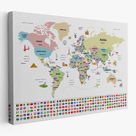 Harita Sepeti Dünya Haritası Ülke Bayraklı ve Başkentli Kanvas Tablo 1939