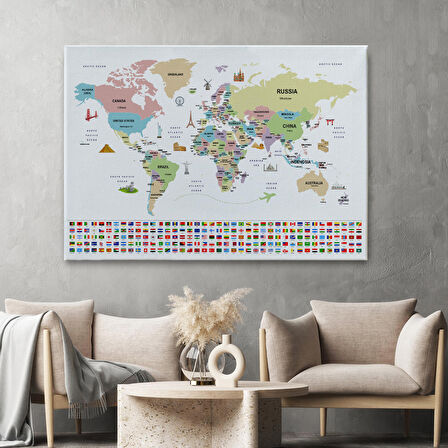 Harita Sepeti Dünya Haritası Ülke Bayraklı ve Başkentli Kanvas Tablo 1939