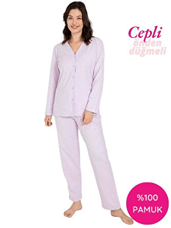 Kadın V Yaka Önden Düğmeli %100 Pamuk Uzun Kol Cepli Pijama Takımı