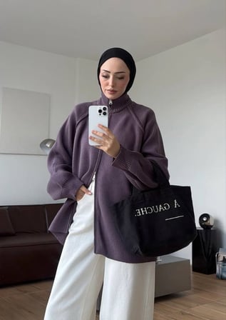 Molly Nelly Kadın Oversize Triko Çift Fermuarlı Hırka