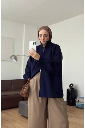 Molly Nelly Kadın Oversize Triko Çift Fermuarlı Hırka