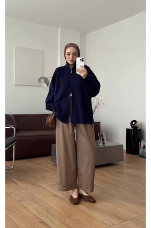 Molly Nelly Kadın Oversize Triko Çift Fermuarlı Hırka