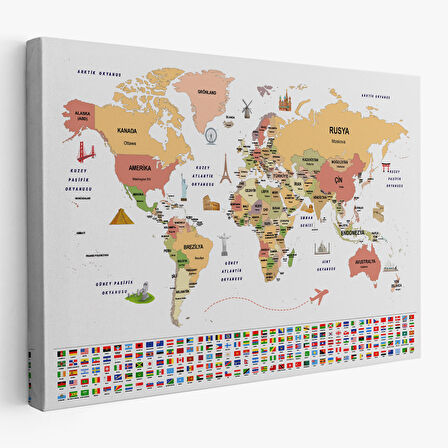 Harita Sepeti Türkçe Dünya Haritası Ülke Bayrak ve Başkentli Kanvas Tablo 1940