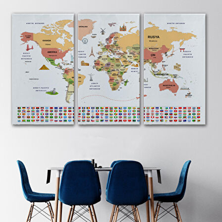 Harita Sepeti Türkçe Dünya Haritası Ülke Bayrak ve Başkentli Kanvas Tablo 1940