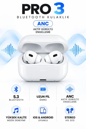Pro 3 ANC Aktif Gürültü Engelleme Premium Bluetooth Kablosuz Kulaklık – Stereo HD Ses, iOS ve Android Uyumlu