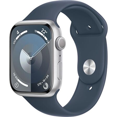 Apple Watch Series 9 GPS 45mm Gümüş Rengi Alüminyum Kasa ve Fırtına Mavisi Spor Kordon - M/L - MR9E3TU/A