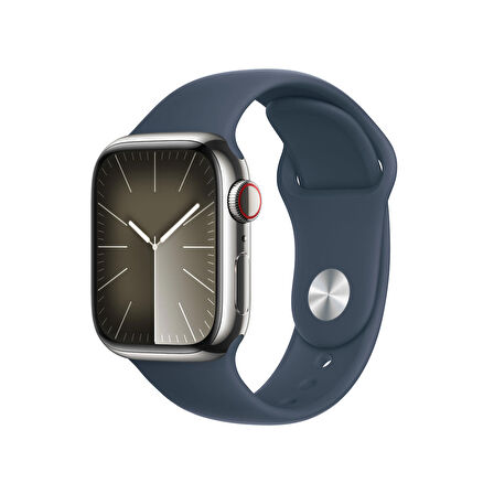 Apple Watch Series 9 GPS + Cellular 41mm Gümüş Çelik Kasa ve Fırtına Mavisi Spor Kordon - M/L - MRJ33TU/A