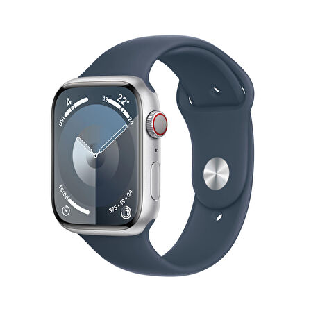 Apple Watch Series 9 GPS + Cellular 45 mm Gümüş Rengi Alüminyum Kasa ve Fırtına Mavisi Spor Kordon - S/M - MRMG3TU/A