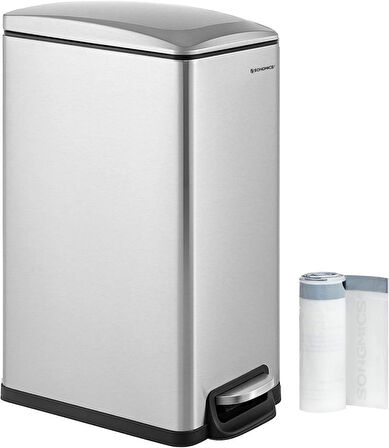 SONGMICS mutfak çöp kutusu, 48 litre, dar, çöp kutusu, dar alanlar için pedallı çöp kutusu, yavaş kapanan kapaklı ve iç kovalı mutfak çöp kutusu, paslanmaz çelik, 15 çöp torbası dahil, gümüş 
