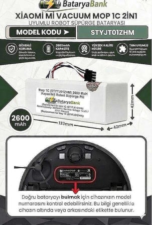 Mi Vacuum Mop 1C STYTJ01ZHM Robot Süpürge Bataryası 14.4V 2600mAh Li-ion Uyumlu Yedek Pil
