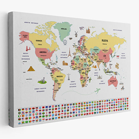 Harita Sepeti Türkçe Dünya Haritası Ülke Bayrak ve Başkentli Kanvas Tablo 1944