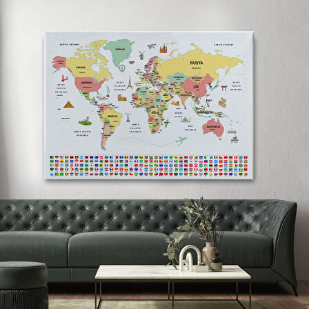 Harita Sepeti Türkçe Dünya Haritası Ülke Bayrak ve Başkentli Kanvas Tablo 1944