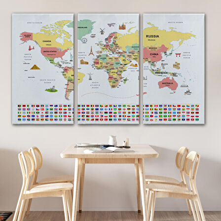 Harita Sepeti Dünya Haritası Ülke Bayraklı ve Başkentli Kanvas Tablo 1945