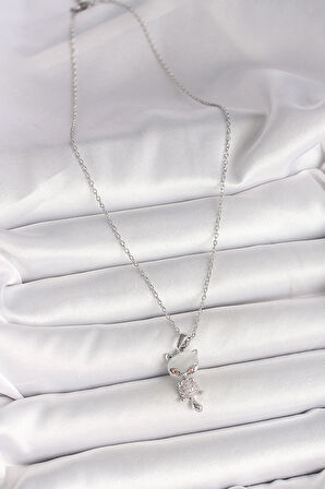 316L Çelik Gümüş Renk Zincir Zirkon Taşlı Kedi Model Kadın Kolye