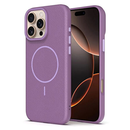 Gpack iPhone 16 Pro Max uyumlu Kılıf Deri Desen M-Safe Özellikli Lichee Silikon