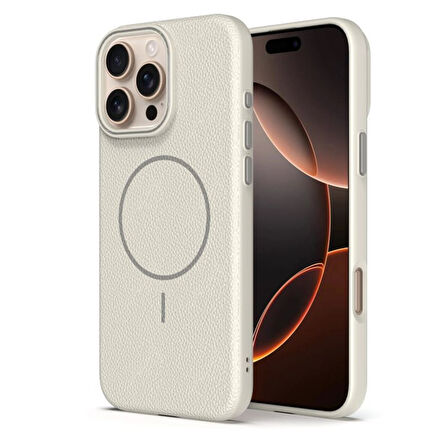 Gpack iPhone 16 Pro Max uyumlu Kılıf Deri Desen M-Safe Özellikli Lichee Silikon