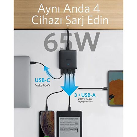 Anker PowerPort Atom III Slim 4 Çıkışlı 65W Power Delivery Gan Hızlı Şarj Cihazı - A2045