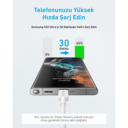 322 PowerLine USB-C to USB-C Örgülü Kablo 3ft/0.9m 60W - USB-IF - Beyaz - A81F5 (Anker Türkiye Garantili)