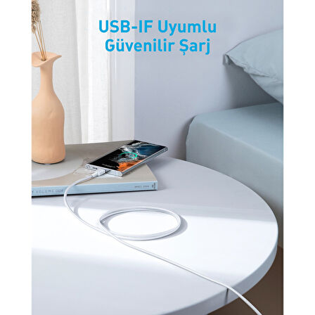 322 PowerLine USB-C to USB-C Örgülü Kablo 3ft/0.9m 60W - USB-IF - Beyaz - A81F5 (Anker Türkiye Garantili)