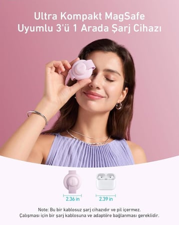 Anker Ufo MagGo B25M8 Pembe 3in1 MagSafe Kablosuz Şarj Aleti - Outlet