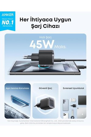 Anker Nano 45W (1,8m Usb-C Kablo Dahil) Şarj Cihazı Siyah - B2692
