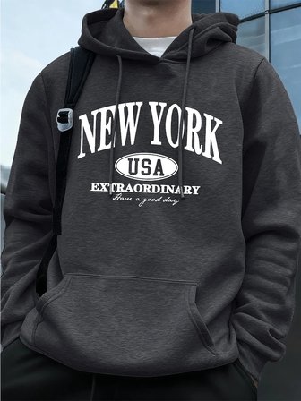 New York ABD Kelimeler Baskılı Erkek Sweatshirtleri Kışlık Oversize Kapüşonlu Üstler Spor Cep