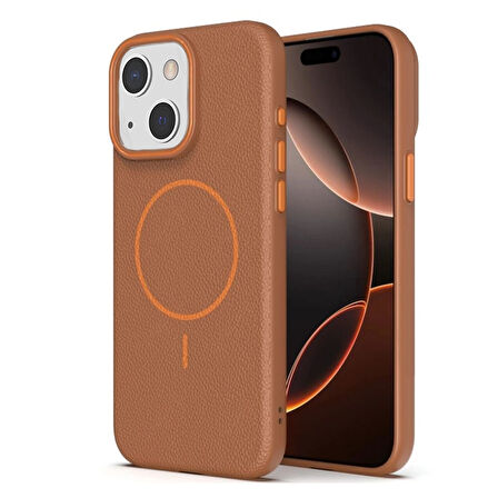 Gpack Apple iPhone 15 uyumlu Kılıf Deri Desen M-Safe Özellikli Lichee Silikon