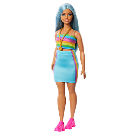 Barbie Büyeleyici Parti Bebekleri Fashionistas oyuncak No. 218, Uzun Mavi Saçlı, Gökkuşağı Üst ve Turkuaz Etek