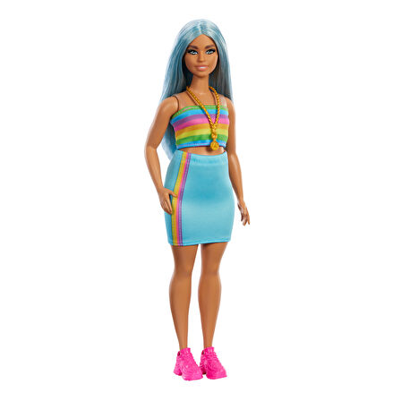 Barbie Büyeleyici Parti Bebekleri Fashionistas oyuncak No. 218, Uzun Mavi Saçlı, Gökkuşağı Üst ve Turkuaz Etek