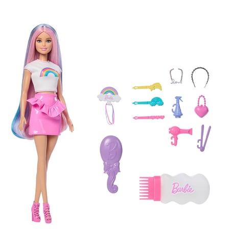 Barbie Gökkuşağı Saçlar Bebeği - Renkli Saçlı ve Aksesuar Zenginli Kuaför Seti