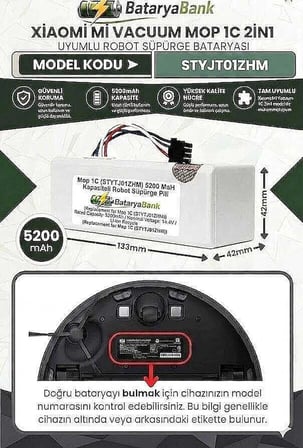 Mi Vacuum Mop 1C STYTJ01ZHM Robot Süpürge Bataryası 14.4V 5200mAh Li-ion Uyumlu Yüksek Kapasiteli Yedek Pil