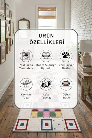 Eko Renkli Yıkanabilir Kaymaz Taban Dijital Baskılı Yolluk Halı