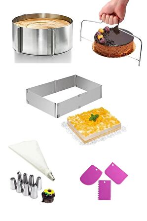 7 Adet Pasta Hazırlık Seti Dikdörtgen ,Yuvarlak Kek Kalıbı Sıkma Torbası Hamur Kazıyıcı Kesme Teli