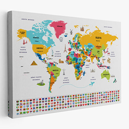 Harita Sepeti Türkçe Dünya Haritası Ülke Bayrak ve Başkentli Kanvas Tablo 1948