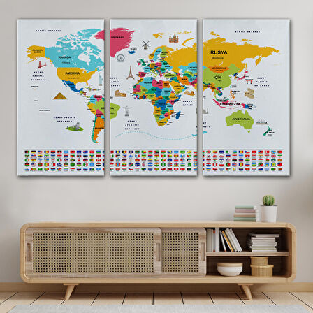 Harita Sepeti Türkçe Dünya Haritası Ülke Bayrak ve Başkentli Kanvas Tablo 1948