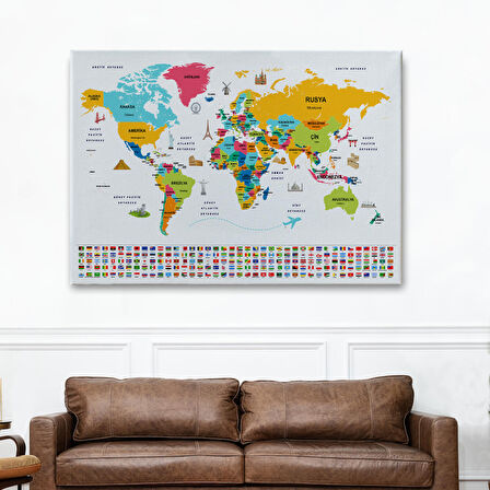 Harita Sepeti Türkçe Dünya Haritası Ülke Bayrak ve Başkentli Kanvas Tablo 1948