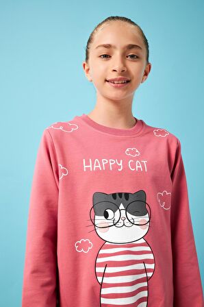 Happy Cat Baskı Detaylı Taytlı Kız Çocuk Takım Gül Kurusu