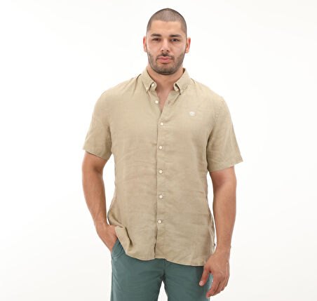 B0A2DCCDH41-R Timberland Linen Short Sleeve Shirt Erkek T-Shirt Haki