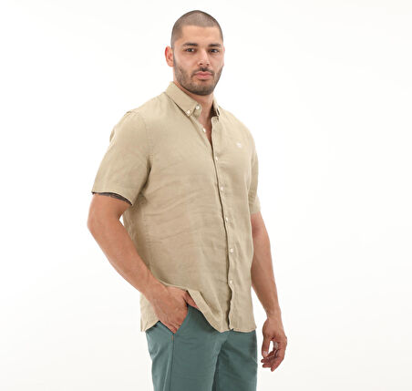 B0A2DCCDH41-R Timberland Linen Short Sleeve Shirt Erkek T-Shirt Haki